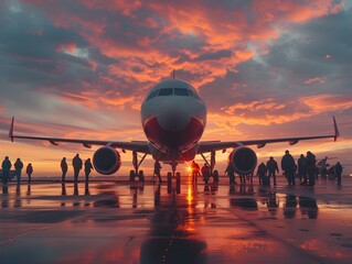 Dramatic Airplane Boarding at Stunning Dawn Scenery with Passengers Lining Up for Travel