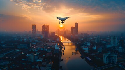 Drone Capturing Aerial Footage of a Bustling Cityscape at Sunset