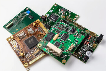 Assorted printed circuit boards with various components on white background