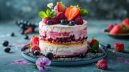 Luscious Layered Ice Cream Cake Adorned with Fresh Fruits and Edible Flowers