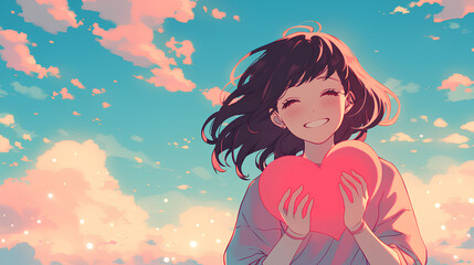 anime girl holding heart icon