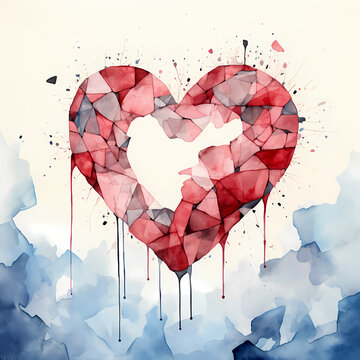 Coeur bris&eacute; suspendu en roches rouges et noires symbolisant la solitude et la d&eacute;vastation dans un paysage urbain fantomatique et gris.