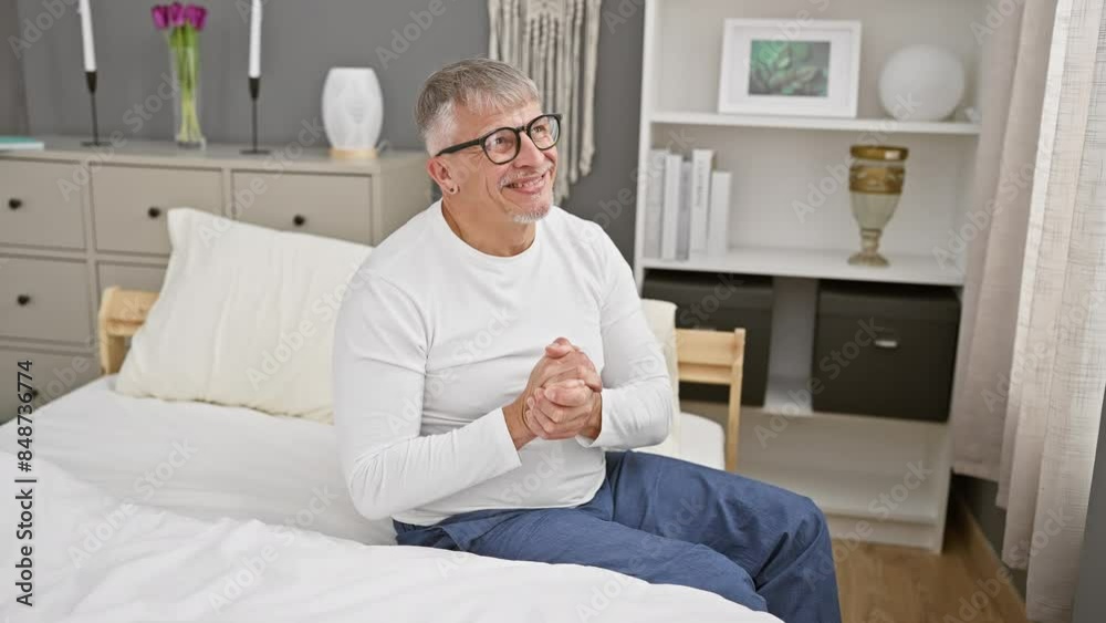 Sticker cheerful grey-haired man in pyjamas enjoys relaxed success in bedroom, hands crossed in casual joy.