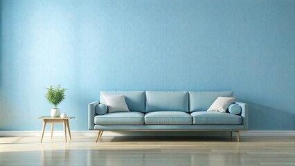 Minimalist pastel blue wall with a sleek modern sofa , soft blue, interior design, contemporary, cozy, living room