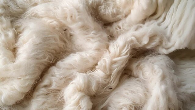 Velvety smooth texture of beige merino wool topped with gentle tufts of fluffy fibers.