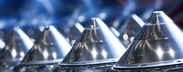 Row of Shiny Conical Metal Parts in a Factory Setting