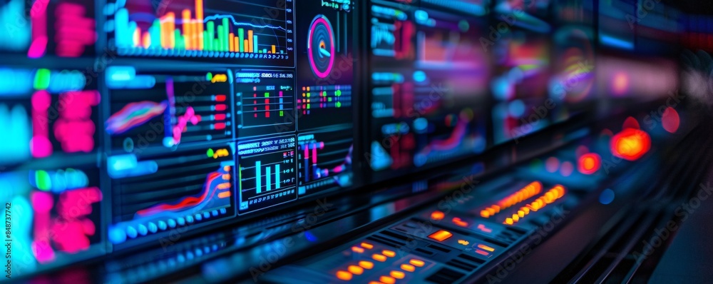 Poster computer monitor displaying an abstract network monitoring dashboard with real-time data analytics, 
