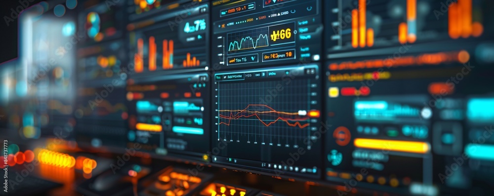 Poster computer monitor displaying an abstract network monitoring dashboard with real-time data analytics, 