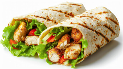 Two chicken wraps filled with lettuce, red pepper and cucumber lying on a white surface
