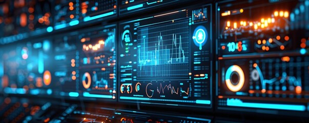 Fototapeta premium Computer monitor displaying an abstract network monitoring dashboard with real-time data analytics, graphs, and system health indicators, captured in a documentary photography style