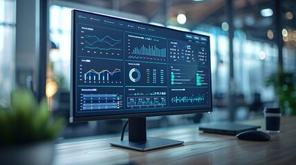 Computer screen featuring an abstract network monitoring dashboard with real-time data analytics, graphs, and system health indicators, presented in a magazine photography style