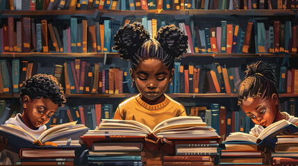 A librarian reads about Juneteenth while a group of children eagerly flip through a stack of books featuring influential African American figures.