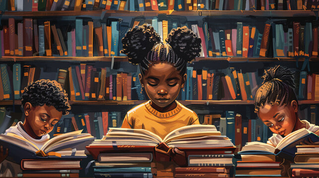 A librarian reads about Juneteenth while a group of children eagerly flip through a stack of books featuring influential African American figures.
