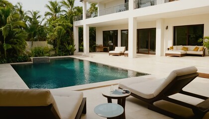 Fototapeta premium Luxurious villa with swimming pool during cloudy sunset in Bali