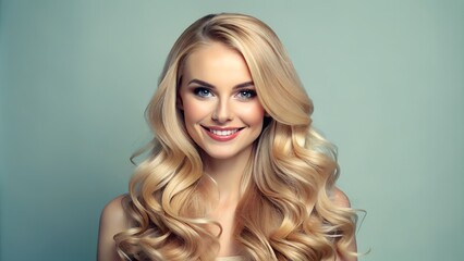 Naklejka premium Smiling Young Woman with Long Hair on Pastel Background - Hair Care Template
