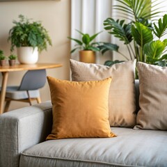 mockup of a pillow on sofa with living room background