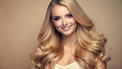 Naklejka premium Smiling Woman with Lush Hair on Pastel Flat Background - Hair Salon Promotion