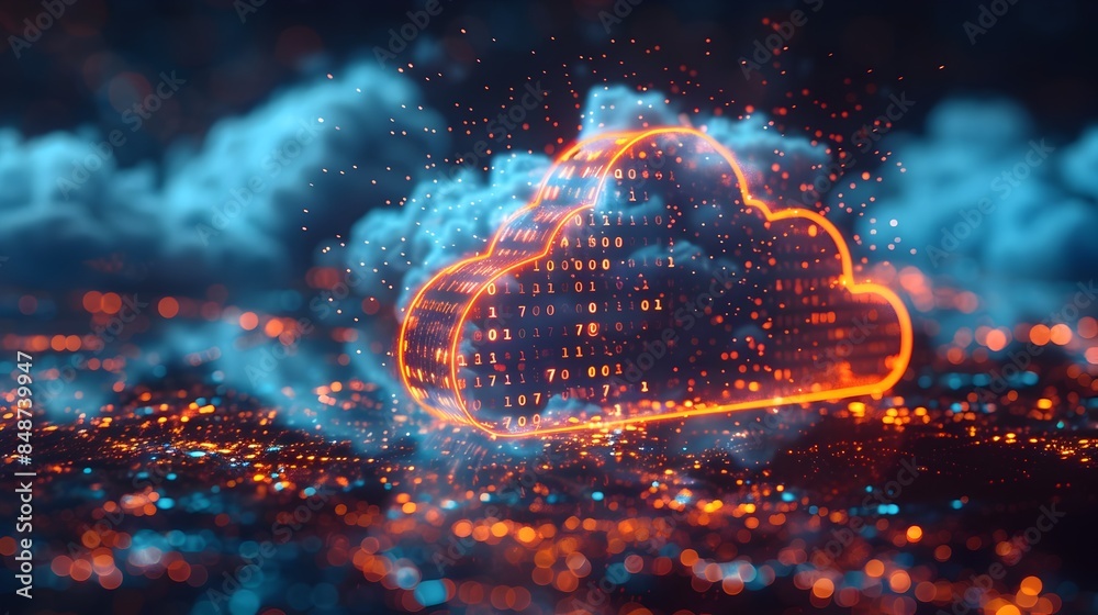 Poster futuristic cloud shaped binary data storage and computing concept