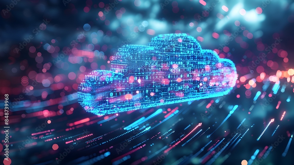 Poster ethereal cloud of binary data symbolizing futuristic cloud computing