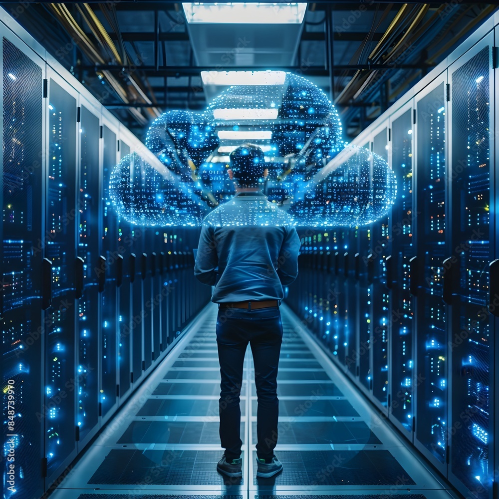 Poster technologically advanced it server room with secure cloud computing infrastructure and efficient dig