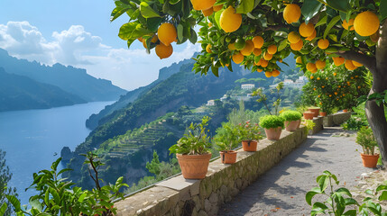 Lemons growing in a sunny garden on Amalfi coast in Italy