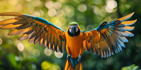vibrant parrot in a natural setting, showcasing its colorful plumage and dynamic pose.