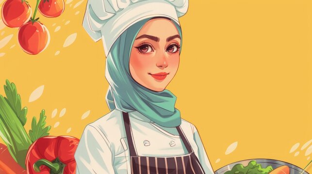 A charming illustration of a hijab wearing female chef proudly flaunting a homemade halal logo