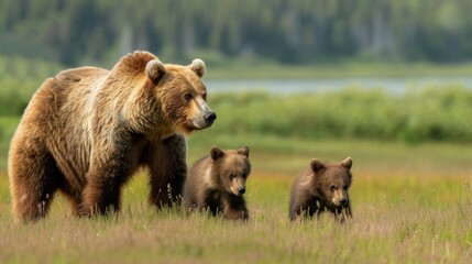 Fototapeta premium mother bear and cute baby bear, happy bear family,