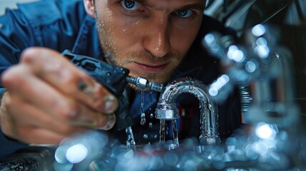 An adjustable wrench in the hand of a male plumber repairing a leaking sink pipe