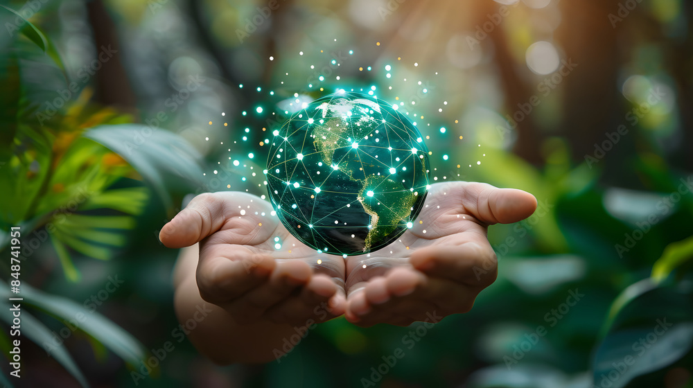 Poster man hands holding global network and data customer connection on nature background
