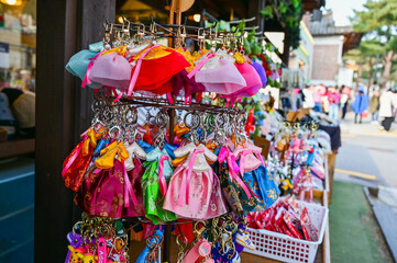 Seoul, South Korea - NOV 03, 2023: Street vendors selling Korean souvenirs at Bukchon Hanok Village.