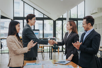 business related meeting Asian Business Team Discusses Strategy for Starting a Financial Process Analysis Project Successful Asian businessman working on a plan