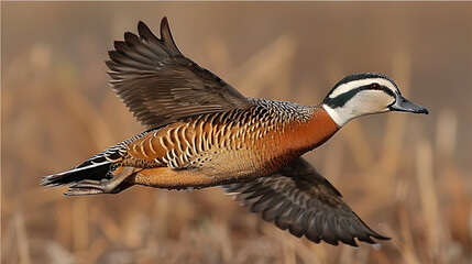 Obraz premium The Indian Spotted Bull Duck gracefully glides through the calm waters of the Bharatpur Bird Sanctuary.