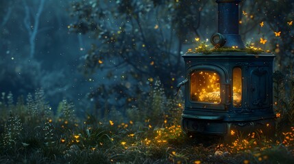 Cozy Cabin Stove with Integrated Fuel Gauge and Enchanting Fireflies in Romantic Woodland Landscape