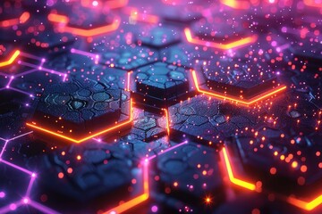 Cybernetic backdrop with a dense arrangement of interconnected hexagons, each glowing with vibrant neon lights, creating an elaborate and futuristic design