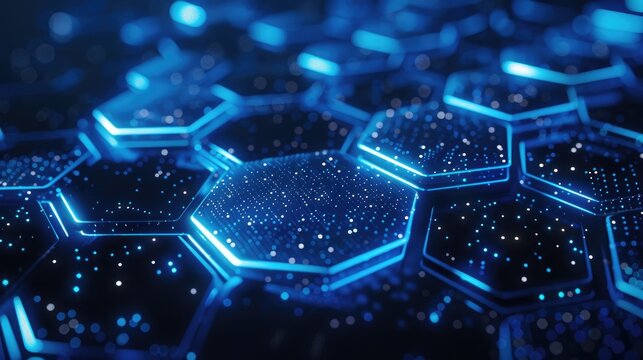 High-tech digital interface with a mesh of glowing hexagons and intricate geometric patterns, exuding a modern and innovative feel in a cool blue palette