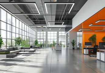 Modern office interior with sleek desks and ergonomic chairs, accented in white and black. Large windows provide natural light, and warm orange tones from ambient lighting create an inviting atmospher