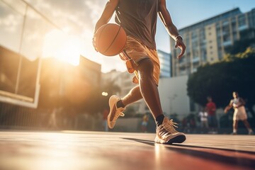 A man is playing basketball in a park