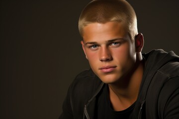 Obraz premium A young man with a shaved head and a black hoodie