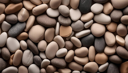 Smooth, oval-shaped stones or gravel in neutral colors, Calm, natural, harmonious uniform varied texture abstract pattern.