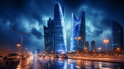 Kafd buildings shining brightly during riyadh s picturesque blue hour in saudi arabia