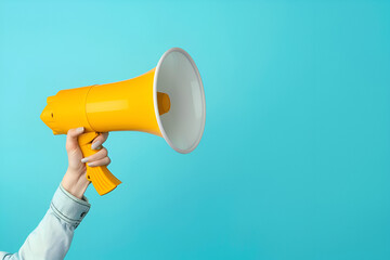 Hand Holding Yellow Megaphone Against Blue Background