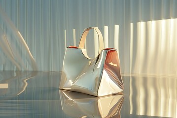 Close up of a modern handbag with a unique shape on a reflective surface , created by ai