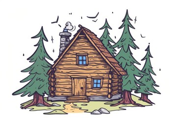  Cartoon cute doodles of a rustic log cabin surrounded by tall pine trees, Generative AI 