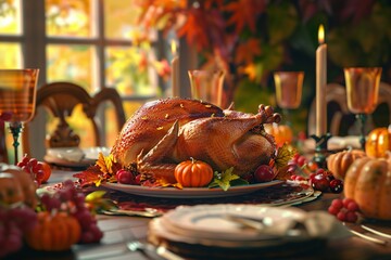 Close up of a cozy Thanksgiving dinner with a roasted turkey and autumn decorations, created by ai