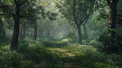 Obraz premium A tranquil forest with a path leading through it