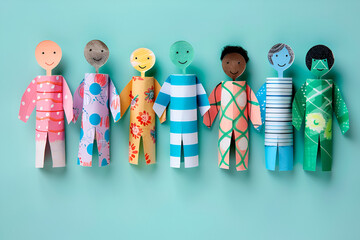 Colorful Handmade Paper Dolls Representing Diversity on Blue Background