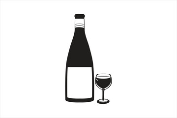 Champagne Bottle and Glass Icon - Black Silhouette  Vector