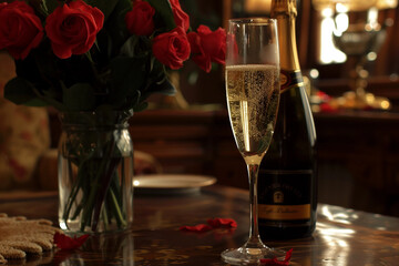 two glasses of champagne and roses ai generative 