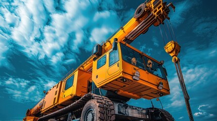 An automobile crane with a telescopic boom is set outdoor under a blue sky - Powered by Adobe
